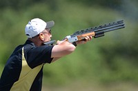 Army Lt.Col. Matt Hamilton, a member of the Army Skeet Team, shoots during the 2015 Armed Services Skeet Championships. The five-day competition was held 11-15 May 2015 near the City of Richmond at Conservation Park of Virginia, Charles City, Virginia, May 14th 2015. Original public domain image from Flickr