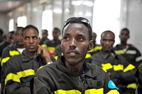 Somali firefighters listen to a trainer during a joint Somali and AMISOM firefighters in a drill conducted upon completion of a refresher training in aviation fire fighting held in Mogadishu, Somalia on April 21, 2015.