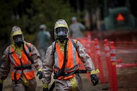 U.S. Army Soldiers from the New Jersey Army National Guard's 2-113th Infantry Regiment provide perimeter security during a full scale exercise involving over 600 Army and Air National Guardsmen from New York, New Jersey, and West Virginia at Joint Base McGuire-Dix-Lakehurst, N.J., April 17, 2015.