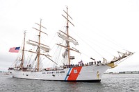 The Coast Guard Cutter Eagle is preparing to moor in Portland Harbor, Maine, Saturday, July 18, 2015, for Tall Ships Portland.