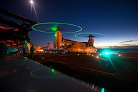 U.S. Marines with Special-Purpose Marine Air-Ground Task Force Crisis Response-Africa practice landings MV-22B Ospreys at night aboard the amphibious assault ship USS Kearsarge (LHD 3), in the Mediterranean Sea, Oct. 19, 2015.