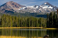 Fall at Scott's Lake-Willamette and DeschutesView of the Three Sisters from Scott Lake in Autumn on the Willamette and Deschutes National Forest in Oregon's Cascades. Original public domain image from Flickr