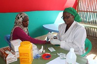 An AMISOM Police Officer takes blood samples of a new recruit during a vetting, selection and screening process for new Somali police recruits in Baidoa, Somalia on November 10, 2015. AMISOM Photo / Abdikarim Mohamed. Original public domain image from Flickr