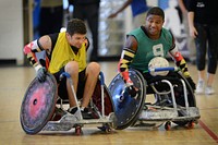 Wounded Warriors from all branches of the Armed Forces participate in All Service Rugby Competition during Warrior Care Month 2015/Joint Services Wheelchair Rugby Exhibition at Joint Base Andrews, Maryland. Original public domain image from Flickr