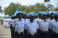 Soldiers belonging to the Somali National Army march in a parade at the Somali Armed Forces Headquarters to celebrate the army's 56th anniversary in Mogadishu, Somalia, on April 12. AMISOM Photo / Tobin Jones. Original public domain image from Flickr