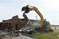 Demolition of the 169th Fighter Wing Headquarters building at McEntire Joint National Guard Base, S.C., April 26, 2018. (U.S. Air National Guard photo by Senior Master Sgt. Edward Snyder). Original public domain image from Flickr
