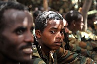 Ethiopian soldiers serving under the African Union Mission in Somalia (AMISOM) listen to a speech by the the AMISOM Acting Force Commander, Maj. Gen. Nakibus Lakara (not in picture) in Halgan village, Hiran region, Somalia on June 10, 2016.