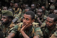 Ethiopian soldiers serving under the African Union Mission in Somalia (AMISOM) listen to a speech by the the AMISOM Acting Force Commander, Maj. Gen. Nakibus Lakara (not in picture) in Halgan village, Hiran region, Somalia on June 10, 2016.