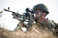 ODESSA, Ukraine (July 27, 2016) U.S. Marine Lance Corperal Joseph Cattran, assigned to the 22nd Marine Expeditionary Unit, sets up security during an amphibious landing demonstration during Sea Breeze 2016 in Odessa, Ukraine July 27.