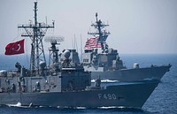 The Turkish G-Class frigate TCG Gaziantep (F-490) is underway in formation with the Arleigh Burke-class guided-missile destroyer USS Donald Cook (DDG 75) during an exercise with the Turkish and United States navies in the Mediterranean Sea, June 25, 2016.