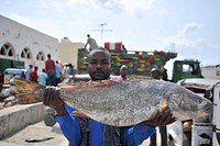 A fishmonger holds his catch in Hamarweyne market in Mogadishu, Somalia on July 04, 2016 ahead of Eid el-Fitr celebrations. AMISOM Photo / Ilyas Ahmed. Original public domain image from Flickr