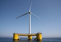 Windfloat floating offshore foundation and vestas v-80 2mw offshore wind turbine in Povoa de Varzim, Portugal. Original public domain image from Flickr