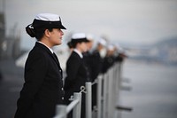 PIRAEUS, Greece (Oct. 24, 2016) Petty Officer 2nd Class Jennifer Daddario, from Massapequa, N.Y., mans the rails aboard the U.S. 6th Fleet command and control ship USS Mount Whitney (LCC 20), as it arrives in Piraeus, Greece, Oct. 24, 2016.