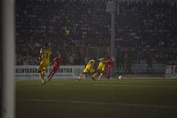 Players fight over the ball in the finals of the Mogadishu District Football Tournament between the Waaberi and Shibis districts on the evening of 24 September, 2018.