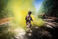 A U.S. Army Soldier respond to indirect fire during a tactical convoy exercise during the 1st Battalion, 254th Regional Training Institute (Combat Arms), New Jersey Army National Guard’s, Infantry Advanced Leader Course at Joint Base McGuire-Dix-Lakehurst, N.J., April 16, 2019. From April 1-19, the 254th trained and evaluated 28 Soldiers from Georgia, Iowa, Massachusetts, Michigan, New Hampshire, New Jersey, Pennsylvania, Rhode Island, Vermont, and Virginia. The three-week course focuses on leadership and technical skills required to prepare Soldiers to become squad leaders and platoon sergeants. (New Jersey National Guard photo by Mark C. Olsen). Original public domain image from Flickr