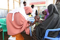 A child receives a measles vaccine at the launch of a UNICEF-supported immunization campaign at the Beerta Muuri camp for internally displaced persons in Baidoa, Somalia on April 24, 2017. UN Photo. Original public domain image from Flickr