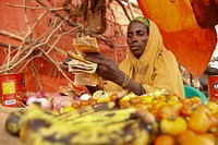 Halima Mohamed Hassan counts Somali Shillings at her small kiosk where she sells vegetables at El-Jale Camp for the Internally Displaced Persons in Beletweyne, Somalia on April 28, 2017. AMISOM Photol. Original public domain image from Flickr