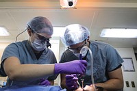 MEDITERRANEAN SEA (April 17, 2017) Amphibious transport dock ship USS Mesa Verde's (LPD 19) dentist, Lt. Heidi Novak (left) supervises Lt. Benjamin Goldenburg, the ship's doctor, on pulling a patient’s toothApril 17, 2017.