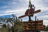 A harvester is used to load a military grade tractor and logging trailer at the U.S. Department of Agriculture (USDA) Forest Service (FS) Kaibab National Forest, Williams Ranger District's Cougar Park Task Order that has &acirc;Timber Tom&acirc; Dauenhauer, a timber sale administrator for the Kaibab National Forest, visiting the restoration work site, in Arizona, on December 4, 2018.