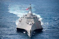 The littoral combat ship USS Coronado (LCS 4) steams ahead during a division tactics exercise in support of Cooperation Afloat Readiness and Training (CARAT) Thailand, June 3, 2017.