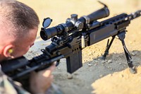 U.S. Army Specialist David Betz fires the Mk 14 Enhanced Battle Rifle during the Squad Designated Marksman Course on Joint Base McGuire-Dix-Lakehurst, N.J., July 20, 2017. The course teaches the Squad Designated Marksman to directly support their squad with well-aimed shots at ranges slightly beyond the normal engagement distances for riflemen, up to 600 meters. The New Jersey Army National Guard's 254th Regiment is based out of the Regional Training Institute, National Guard Training Center, Sea Girt, N.J. (U.S. Air National Guard photo by Master Sgt. Matt Hecht/Released). Original public domain image from Flickr