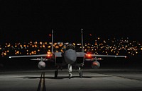 A U.S. Air Force F-15 Eagle, assigned to the 142nd Fighter Wing, Oregon Air National Guard, returns to Nellis Air Force, Nev., after a night sortie in support of the Weapons Instructor Course, June 8, 2017.