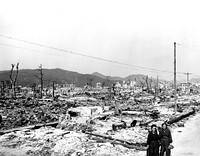 Atomic bomb damage Hiroshima, Japan seen by the USS Appalachian November 27, 1945. Original public domain image from Flickr