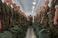 Recruits from Mike Company, 3rd Recruit Training Battalion, bring their seabags on line before emptying them for an initial gear inspection at Marine Corps Recruit Depot San Diego, Aug. 18. The inspection ensures the recruits have all the gear they will need for the duration of training.
