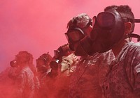 Arizona Army National Guard Soldiers from the 2220th Transportation Company are engulfed by colored smoke after putting on their protective masks during a simulated chemical attack August 5, 2017 at Florence Military Reservation in Florence, Ariz. The Guardsmen conducted nuclear, biological and chemical warfare training which included entering a gas chamber and being exposed to CS tear gas.