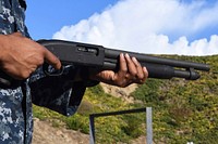 NAVAL STATION ROTA, Spain (Aug. 29, 2017) Gas Turbine System Technician 3rd Class Jon Hebert, from Detroit, assigned to the Arleigh Burke-class guided-missile destroyer USS Donald Cook (DDG 75), fires a shotgun during a small arms qualification Aug. 29, 2017.Donald Cook, forward-deployed to Rota, Spain, is on its 6th patrol in the U.S. 6th Fleet area of operations in support of regional allies and partners, and U.S. national security interests in Europe.