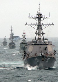 The U.S. Navy guided-missile destroyer USS Chafee (DDG 90) leads a formation of Royal Thai Navy ships through the Gulf of Thailand July 13, 2009, during the at-sea phase of Cooperation Afloat Readiness and Training (CARAT).