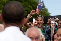 President Barack Obama greets supporters after delivering remarks on community colleges at Macomb Community College in Warren, Michigan on July 14, 2009.