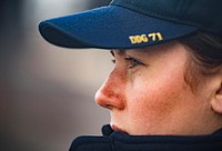 NAVAL STATION ROTA, Spain (Jan. 8, 2018) - Cryptologic Technician (Collection) 2nd Class Jennifer Connelly mans the rails aboard the Arleigh Burke-class guided-missile destroyer USS Ross (DDG 71) as the ship gets underway from Rota, Spain.