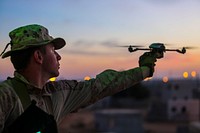 NATIONAL TRAINING CENTER, ISRAEL (March 13, 2018) U.S. Marine Sgt. Jared Hoffpauir, assigned to Battalion Landing Team, 2nd Battalion, 6th Marine Regiment (BLT 2/6), 26th Marine Expeditionary Unit (MEU), launches an XMQ 13 Instant Eye unmanned aerial system during exercise Juniper Cobra 2018 at the National Training Center in Israel, March 13, 2018.