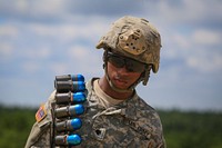 A U.S. Army Soldier from the New Jersey National Guard’s D Company, 1st Battalion, 114th Infantry Regiment prepares to load a Mk 19 grenade launcher with 40mm M385 practice grenades during training on Joint Base McGuire-Dix-Lakehurst, N.J., July 26, 2018.