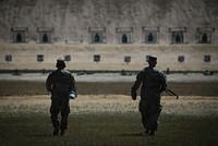 U.S. Army Soldiers walks towards 100 meter firing positions during Infantry Advanced Leader Course marksmanship training on Joint Base McGuire-Dix-Lakehurst, N.J., May 9, 2018. The course, which is run by the New Jersey Army National Guard's 254th Regiment, focuses on leadership and technical skills required to prepare Soldiers to effectively lead squad and platoon size units. (U.S. Air National Guard photo by Master Sgt. Matt Hecht). Original public domain image from Flickr