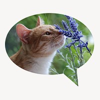 Cat smelling flower speech bubble badge, Spring photo