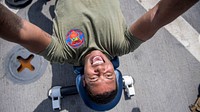 MEDITERRANEAN SEA (May 20, 2018) U.S. Marine Sgt. Darius Arnold, assigned to the 26th Marine Expeditionary Unit, participates in a fitness competition during a steel beach picnic aboard the Harpers Ferry-class dock landing ship USS Oak Hill (LSD 51) May 20, 2018.