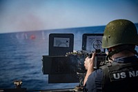 MEDITERRANEAN SEA (May 26, 2018) Fire Controlman (Aegis) 2nd Class Tyler Dillehay, assigned to the Arleigh Burke-class guided-missile destroyer USS Porter (DDG 78), fires a .50-caliber machine gun during a live-fire gunnery exercise, May 26, 2018.