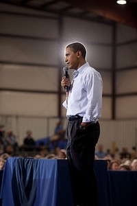 President Barack Obama participates in a town hall meeting on health care insurance reform at Gallatin Field in Belgrade, Mont., Aug. 14, 2009.