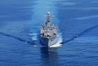 The amphibious dock landing ship USS Pearl Harbor (LSD 51) transits the coast of Southern California March 20, 2010, while conducting a composite training unit exercise in preparation for a deployment.