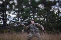 A U.S. Army Soldier prepares a RQ-11 Raven B for flight during the field training portion of a Unmanned Aerial System operator’s course on Joint Base McGuire-Dix-Lakehurst, N.J., Oct. 10, 2018.