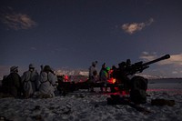 U.S. Army paratroopers with Bravo Battery, 2nd Battalion, 377th Parachute Field Artillery Regiment, 4th Infantry Brigade Combat Team (Airborne), 25th Infantry Division, U.S. Army Alaska, set up a M119 105 mm howitzer at Malemute Drop Zone while conducting an airborne forced entry operation at Joint Base Elmendorf-Richardson, Alaska, Jan. 16, 2019.