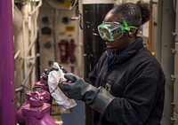 BALTIC SEA (Jan. 29, 2019) – Gas Turbine Systems Technician (Mechanical) 3rd Class Robione Wiggins does maintenance on a jet fuel sounding tube aboard the Arleigh Burke-class guided-missile destroyer USS Porter (DDG 78) in the Baltic Sea, Jan. 29, 2019.