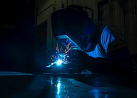 U.S. Air Force Tech. Sgt. Tyler L. Williams, of the 445th Maintenance Squadron, operates a tungsten inert gas welder at the metal technologies shop at Wright-Patterson Air Force Base, Ohio, August 4, 2019.