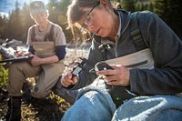 A park scientist measures the beak of a harlequin duck. Original public domain image from Flickr