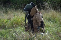 TODENDORF, Germany- An explosive ordnance disposal technician assigned to Explosive Ordnance Disposal Mobile Unit (EODMU) 8 wears a bomb suit while conducting a route clearance mission during exercise Northern Coasts in Todendorf, Germany, Sept. 16, 2019.