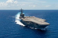 The aircraft carrier USS Dwight D. Eisenhower (CVN 69) transits the Atlantic Ocean, July 16, 2019.