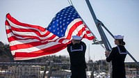 GAETA, Italy (Feb. 06, 2020) Sailors shift colors aboard the Blue Ridge-class command and control ship USS Mount Whitney (LCC 20) as she departs Gaeta, Italy, Feb. 6, 2020.