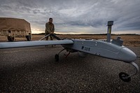 U.S. Army Pfc. Antonio Arriola, a Soldier with the New Jersey National Guard’s Det. 1, D Co., 104th Brigade Engineer Battalion “Skydevils” pushes an RQ-7B Shadow unmanned arial system on Joint Base McGuire-Dix-Lakehurst, N.J., Feb. 10, 2020.